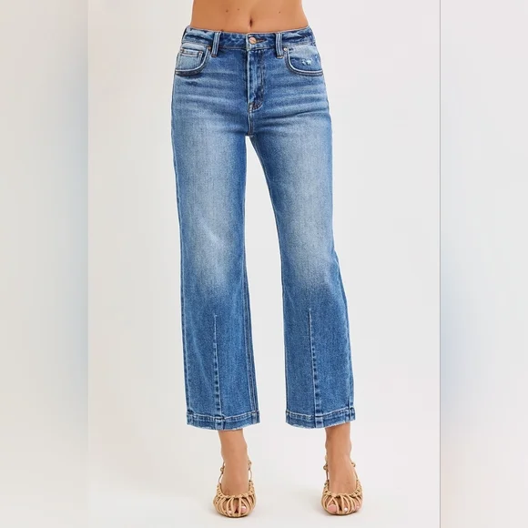 RISEN Barrel Jeans High-rise Boyfriend Vertical Seam Cropped Denim Distressed - Picture 11 of 16